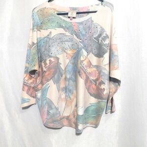 Sioni Womens L Textured Knit Top 3/4 Dolman Sleeves Curved Hem Rhinestones